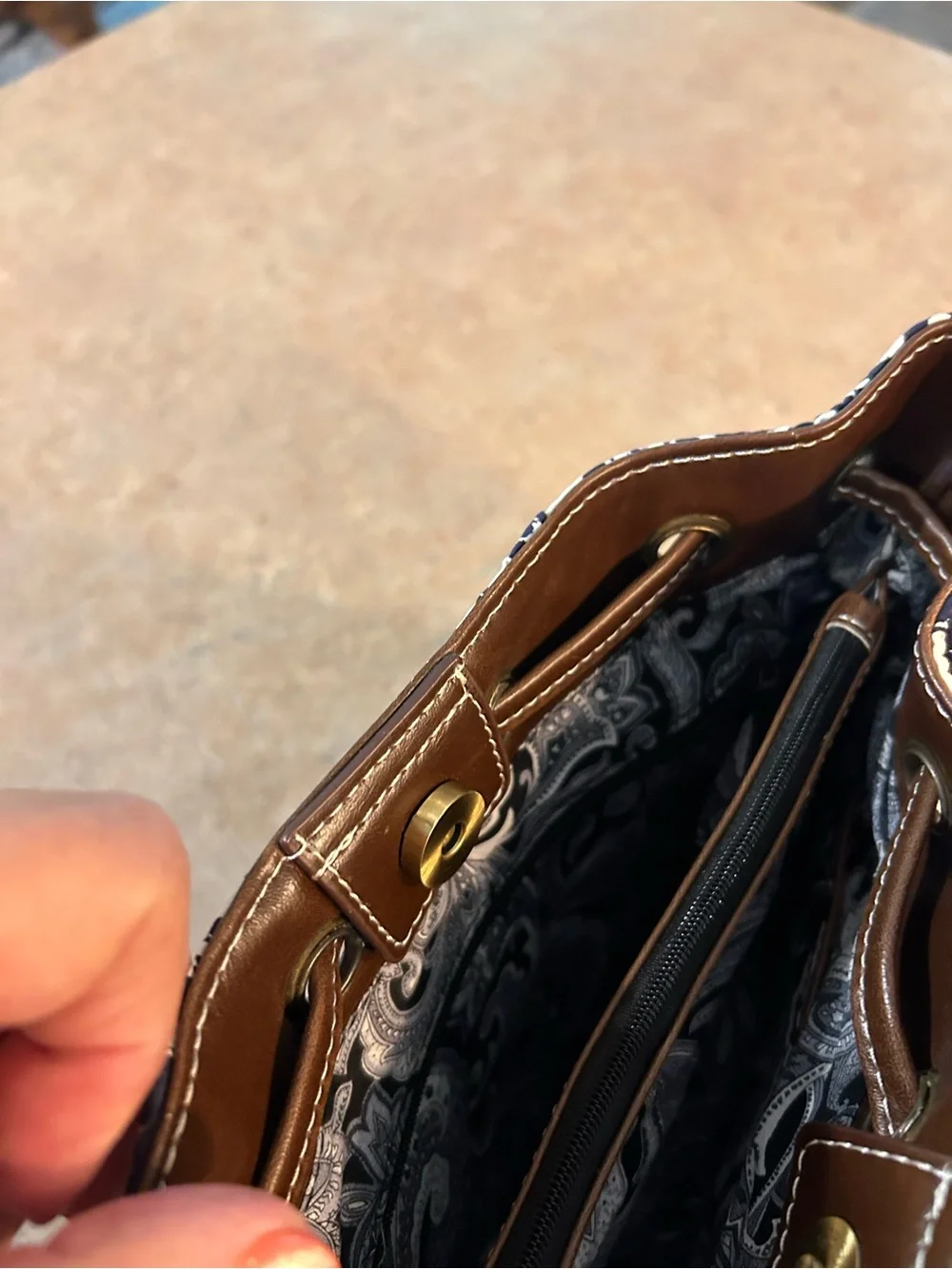 Fossil Navy and Brown Drawstring Tote Bag